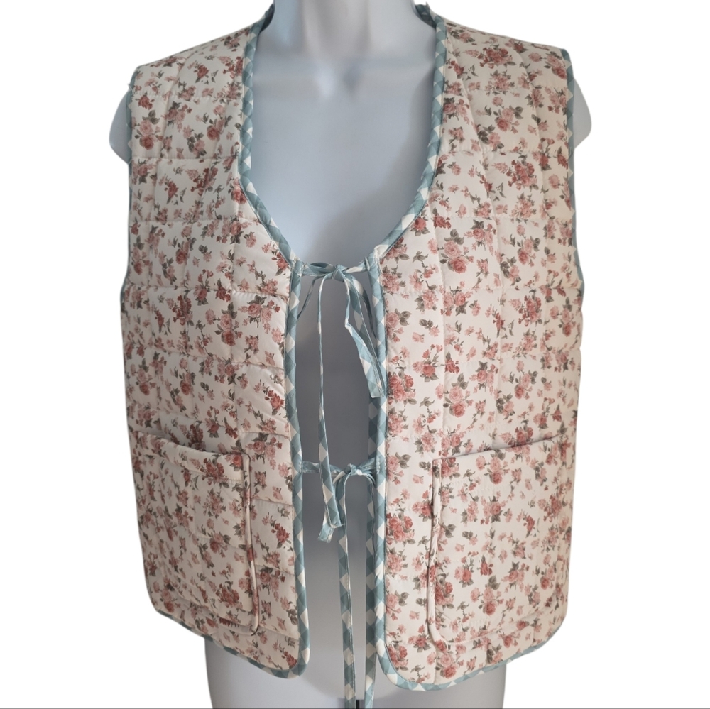 ALTR'D STATE Floral Gingham Quilted Puffer Vest Tie Front Closure XS